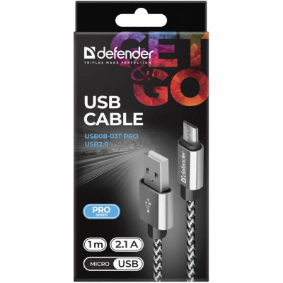 Кабель Defender USB08-03T PRO USB2.0, AM-MicroBM White, 1m (87803) (6499805)