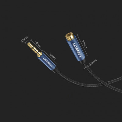 AUX 3.5mm подовжувач Ugreen AV118 аудіо кабель 4-pin 0.5 м Чорний з синім (40672)