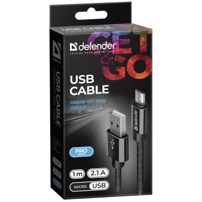 Кабель Defender USB08-03T PRO USB2.0, AM-MicroBM Black, 1m (87802) (6499806)