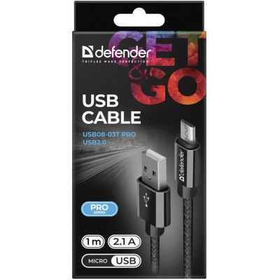 Кабель Defender USB08-03T PRO USB2.0, AM-MicroBM Black, 1m (87802) (6499806)