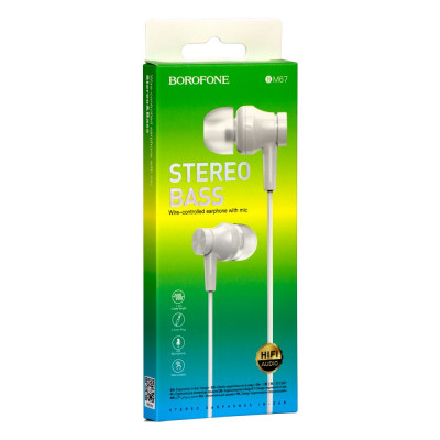 Проводные наушники вакумные с микрофоном Borofone 3.5 mm BM67 Stereo Bass 1.2 m White