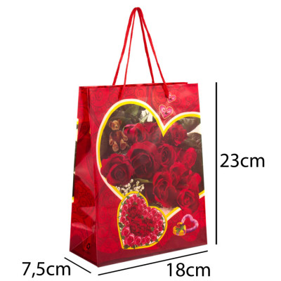 Сумочка подарункова пластикова з ручками Gift bag Серця та троянди 23х18х7.5 см Червоний (27350)