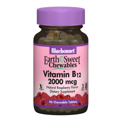 Вітамін В12 2000мкг Bluebonnet Nutrition Earth Sweet Chewables Смак Малини 90 жувальних таблеток