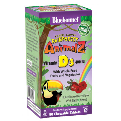 Вітамін D3 400IU для дітей Bluebonnet Nutrition Смак Ягід Rainforest Animalz 90 жувальних цукерок