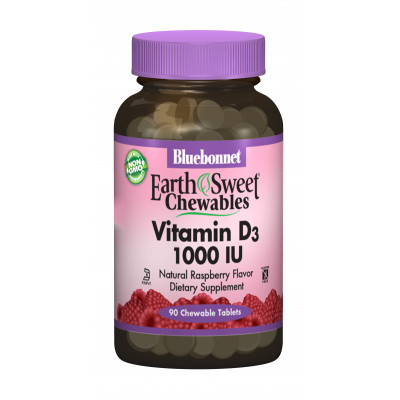 Вітамін D3 1000IU Bluebonnet Nutrition Earth Sweet Chewables Смак Малини 90 жувальних таблеток