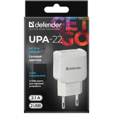 Зарядний пристрій Defender UPA-22 White, 2xUSB, 2.1A (83580) (6505068)