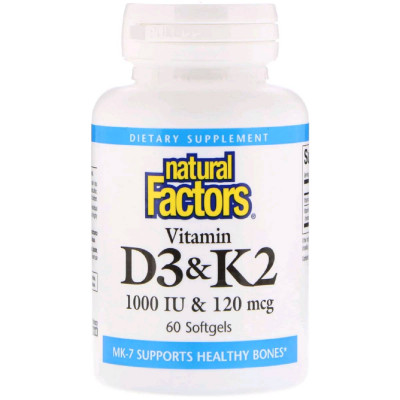 Вітамін D3 та К2 Natural Factors Vitamin D3 & K2 60 гелевих капсул (NFS01292)