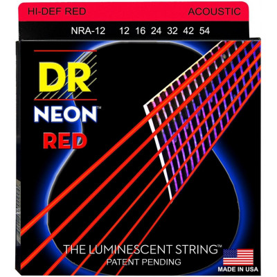 Струни для акустичної гітари 6 шт DR NRA-12 Hi-Def Neon Red K3 Coated Medium Acoustic Guitar Strings 12/54