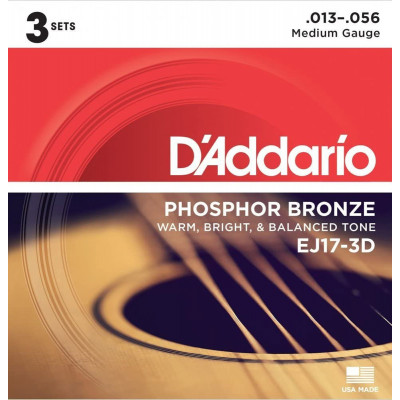 Струни для акустичної гітари 6 шт D'Addario EJ17-3D Phosphor Bronze Medium Acoustic Guitar Strings