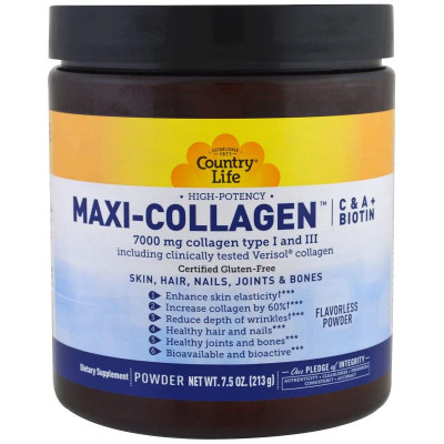 Колаген 1 та 3 Типів + Біотин Maxi Collagen Country Life 7,5 унцій 210 ​​гр