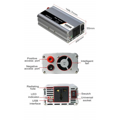 Перетворювач напруги інвертор UKC AC/DC 12V-220V 1000W Power Inverter Silver