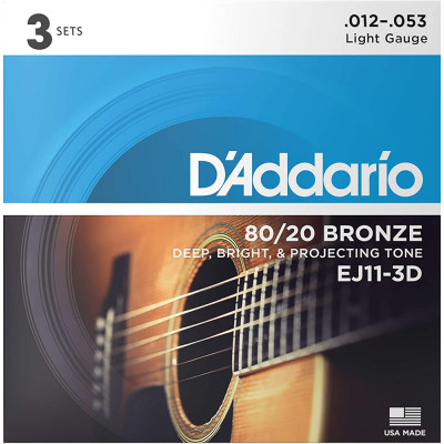 Струни для акустичної гітари 3 Sets D'Addario EJ11-3D 80/20 Bronze Light Acoustic Guitar Strings 12/53