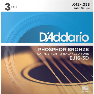 Струни для акустичної гітари 3 Sets D'Addario EJ16 3-D Phosphor Bronze Light Acoustic Guitar Strings 12/53