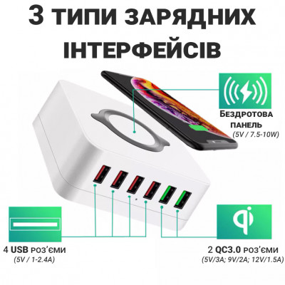 Мультизарядна док-станція з бездротовою зарядкою Addap MCS-E6 QC3.0 75W 6 USB