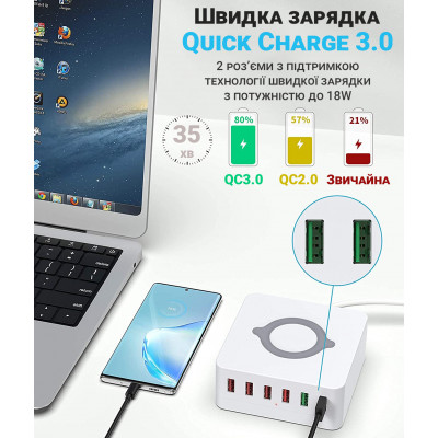 Мультизарядна док-станція з бездротовою зарядкою Addap MCS-E6 QC3.0 75W 6 USB