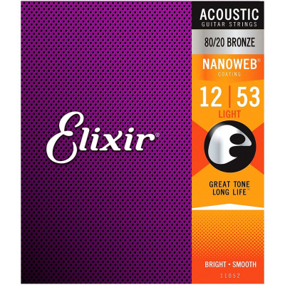 Струни для акустичної гітари 6 шт Elixir 11052 Nanoweb 80/20 Bronze Acoustic Light 12/53