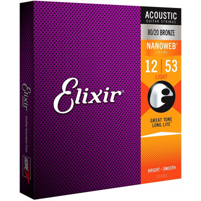 Струни для акустичної гітари 6 шт Elixir 11052 Nanoweb 80/20 Bronze Acoustic Light 12/53