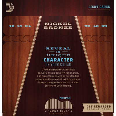 Струни для акустичної гітари 6 шт D'Addario NB1253 Nickel Bronze Light Acoustic Guitar Strings 12/53