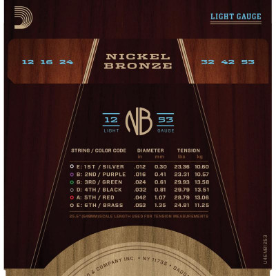 Струни для акустичної гітари 6 шт D'Addario NB1253 Nickel Bronze Light Acoustic Guitar Strings 12/53