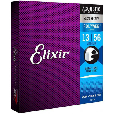 Струни для акустичної гітари 6 шт Elixir 11100 Polyweb 80/20 Bronze Acoustic Medium 13/56