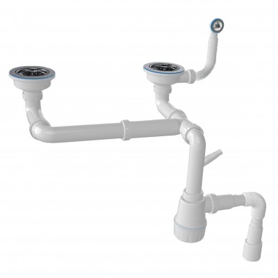 Сифон для мийки гранітної подвійний 3 1/2″ різнорівневий, 60 мм гвинт, круглий перелив 35мм, з гофрою